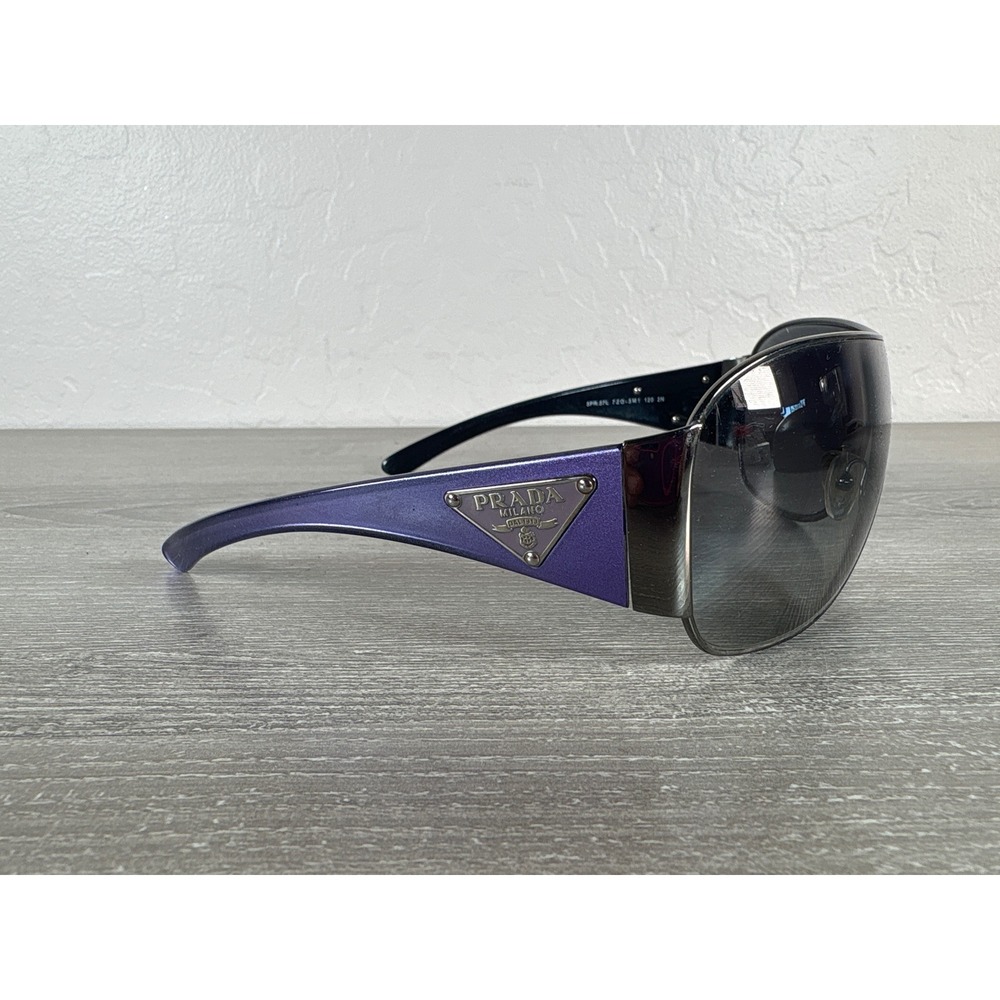 Prada Milano Shield Sunglasses Purple Arms Silver Triangle Logo SPR 57L Italy - Picture 2 of 8